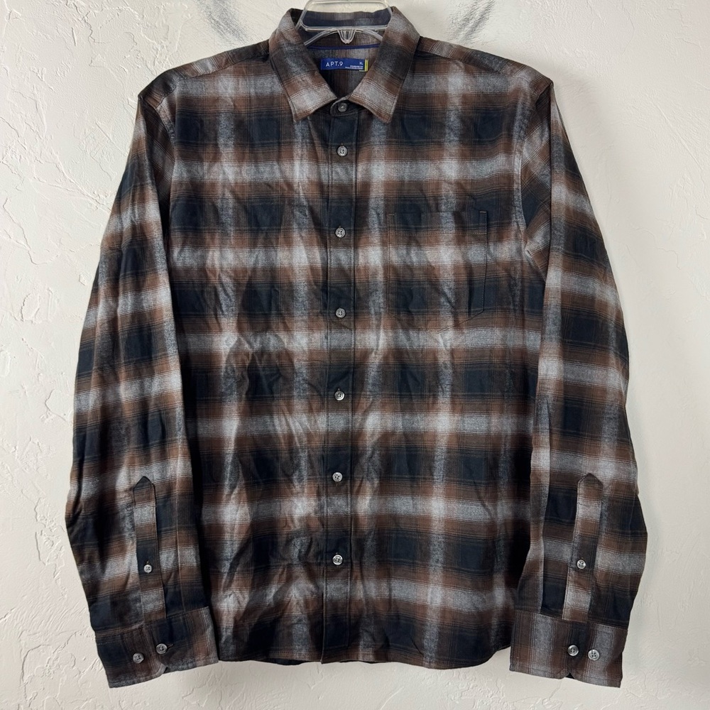 Kohls Apt 9 Dress‎ Shirt Knit Top Plaid Print Flannel Button Down Collared Brown